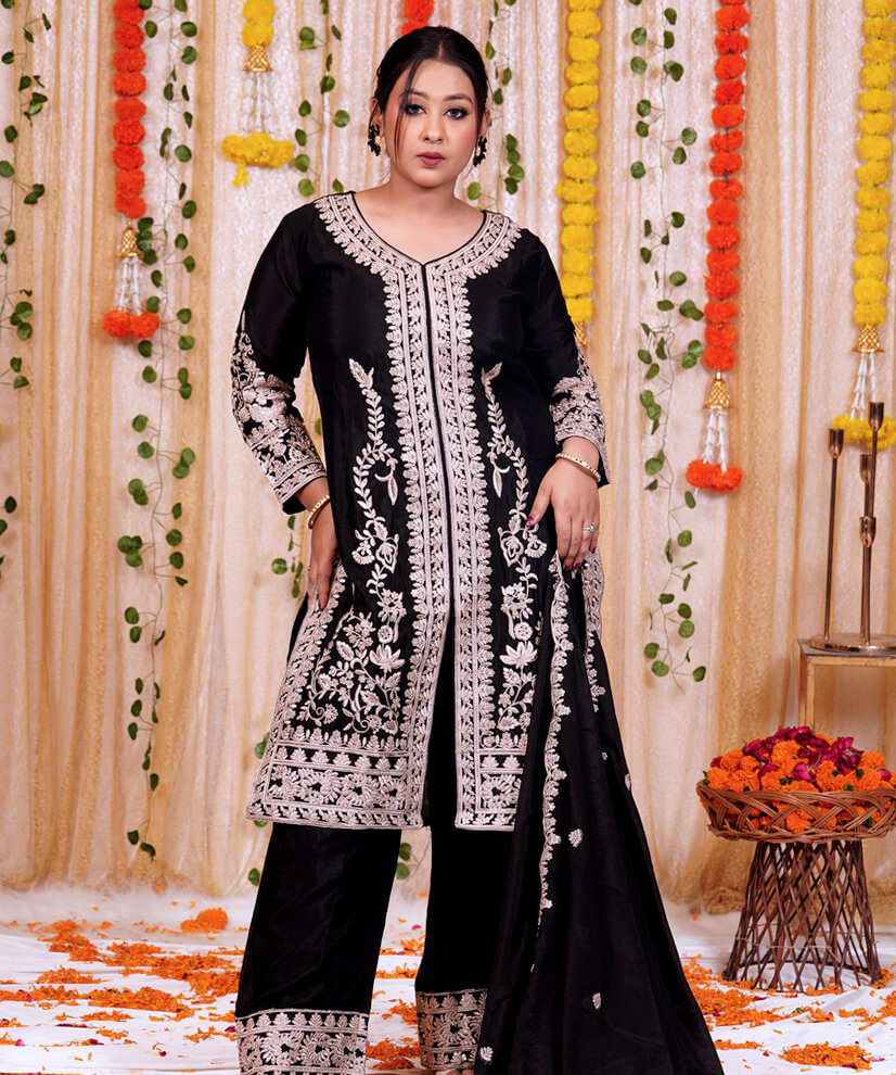 Black Embroidered Kurta Set with Dupatta – Timeless Elegance Redefined - Image 2