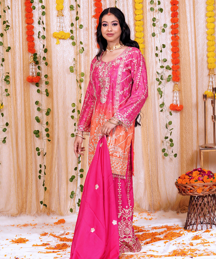 Hot Pink & Sunset Orange Chinon Sharara Set with Embroidery - Image 2