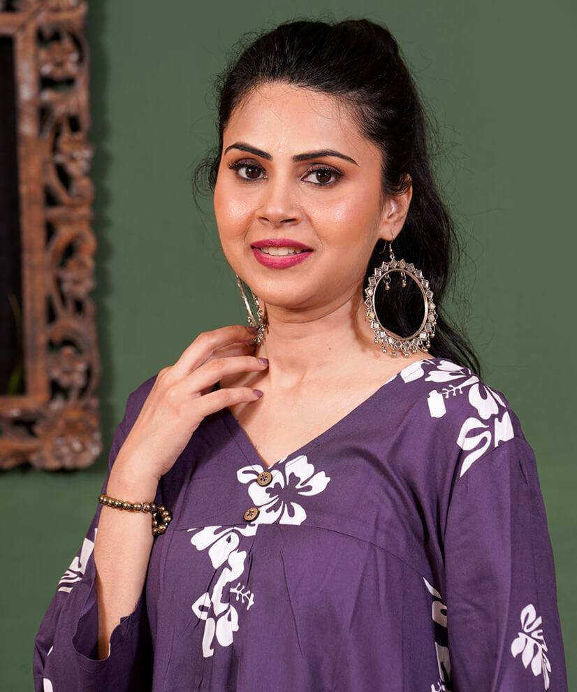 Plum Purple Floral Printed Co-ord Set in Rayon - Image 2