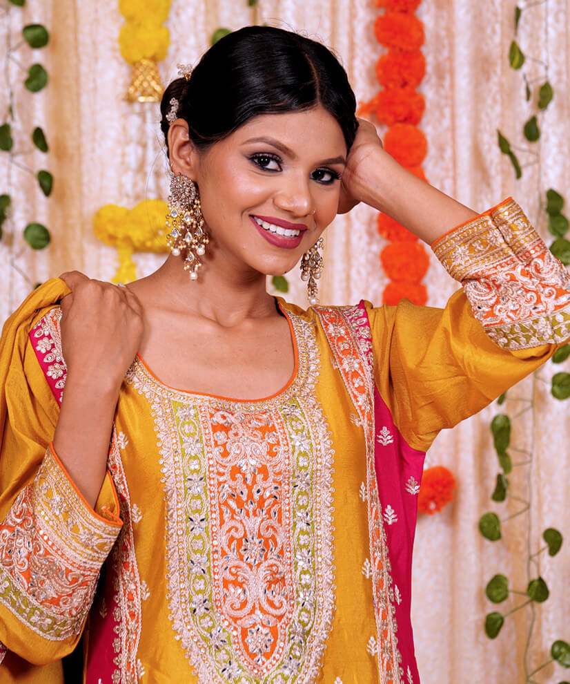 Mustard Yellow Embroidered Sharara Set with Pink Contrast Dupatta - Image 3