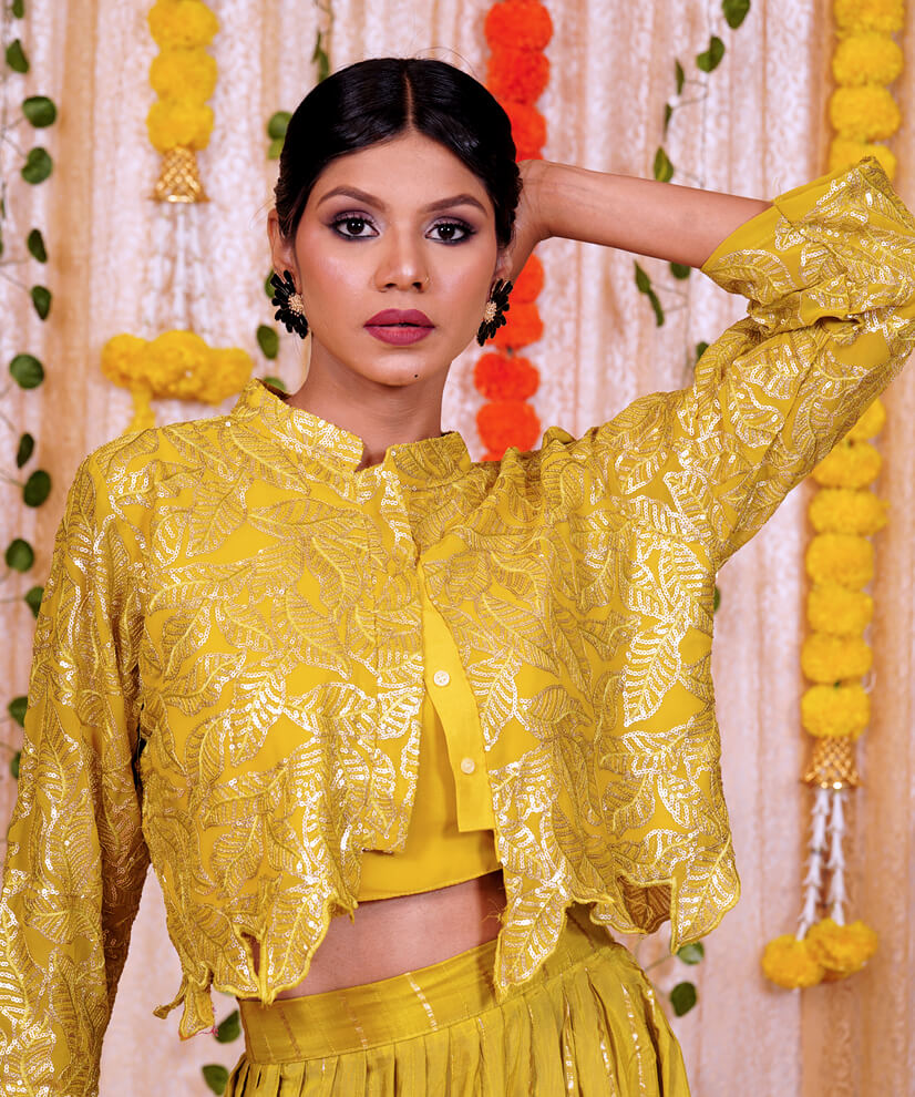 Lime Green Chinon Crop Top & Skirt Set with Embroidered Jacket - Image 4