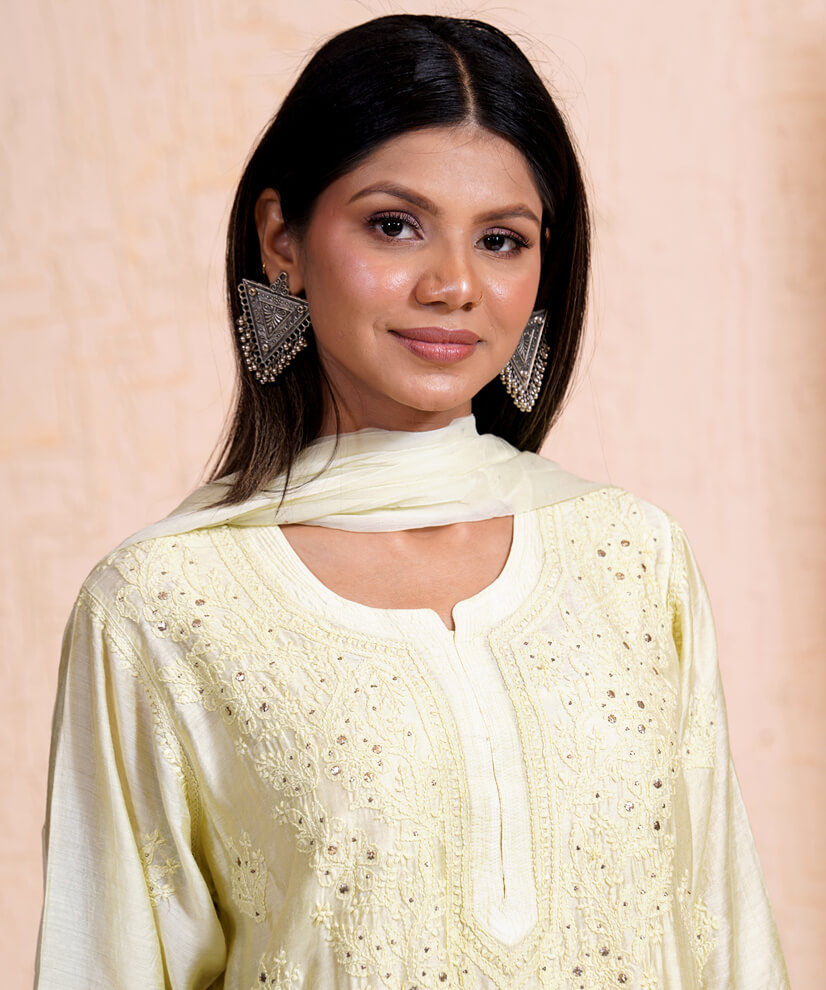 Lime Green Mulmul Chikankari Kurta Set with Mukesh Work – Ethereal Elegance - Image 3