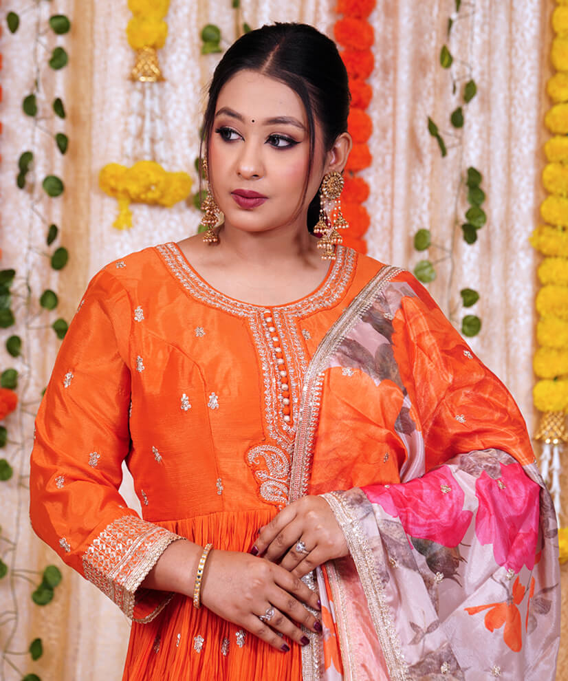 Radiant Tangerine Chinon Silk Anarkali Set with Floral Dupatta - Image 3