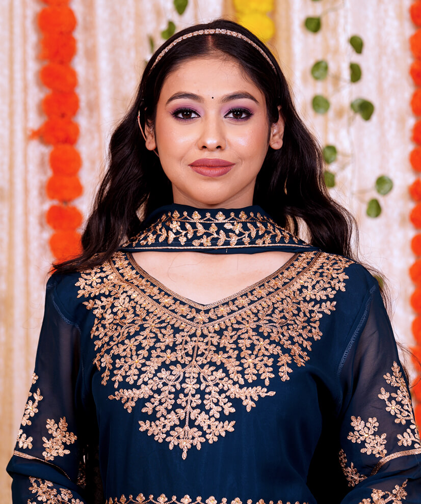 Midnight Blue Georgette Front-Slit Anarkali Set with Golden Embroidery - Image 3