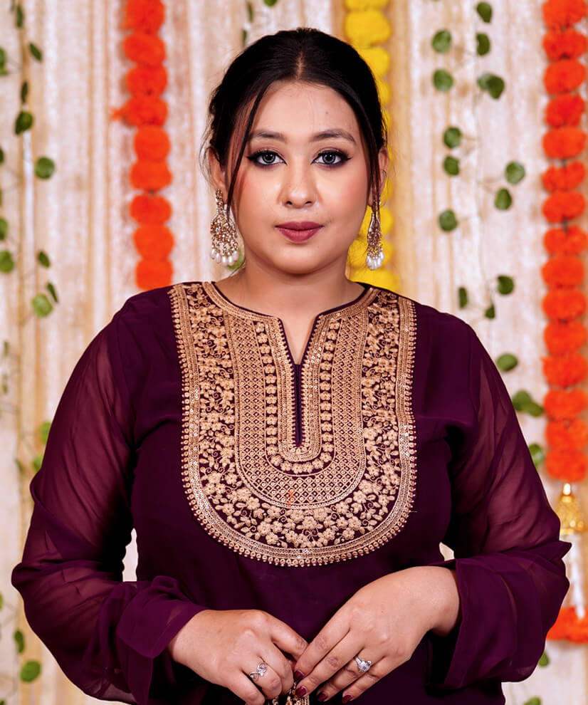 Royal Plum Chinon Sharara Set with Gold Embroidery - Image 3