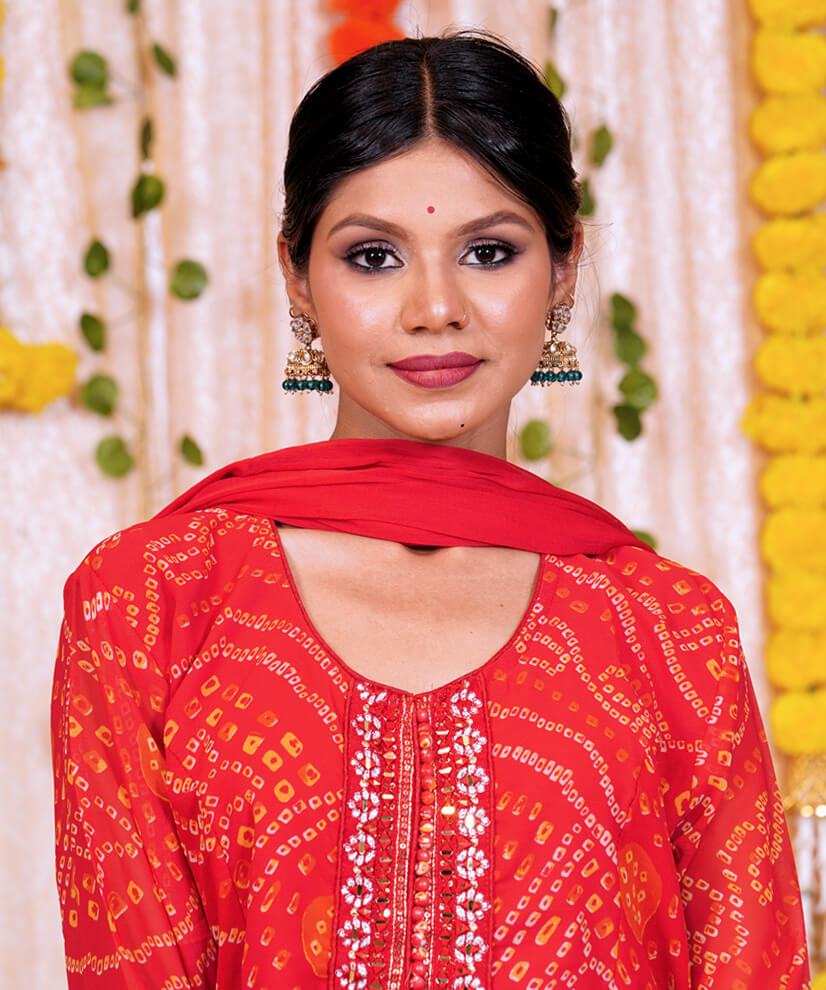 Vibrant Vermillion Georgette Bandhani-Inspired Kurta Set with Embellished Detail - Image 3