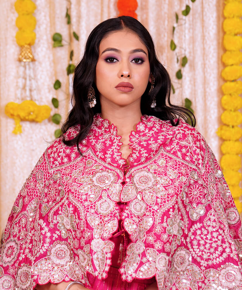 Hot Pink Embroidered Chinon Crop Top & Skirt Set with Cape Jacket - Image 4