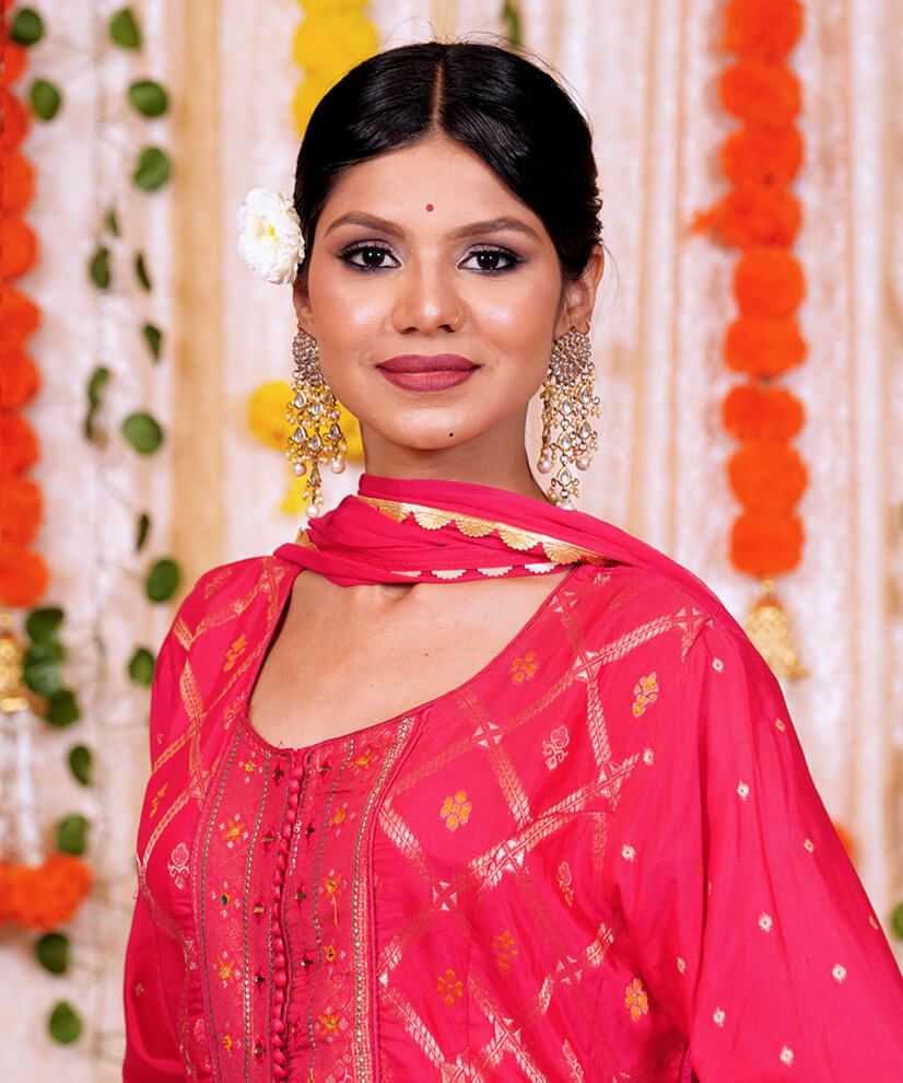 Rani Pink Georgette Embellished Kurta Set with Pants & Dupatta - Image 3