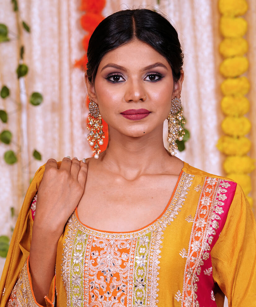 Mustard Yellow Embroidered Sharara Set with Pink Contrast Dupatta - Image 4