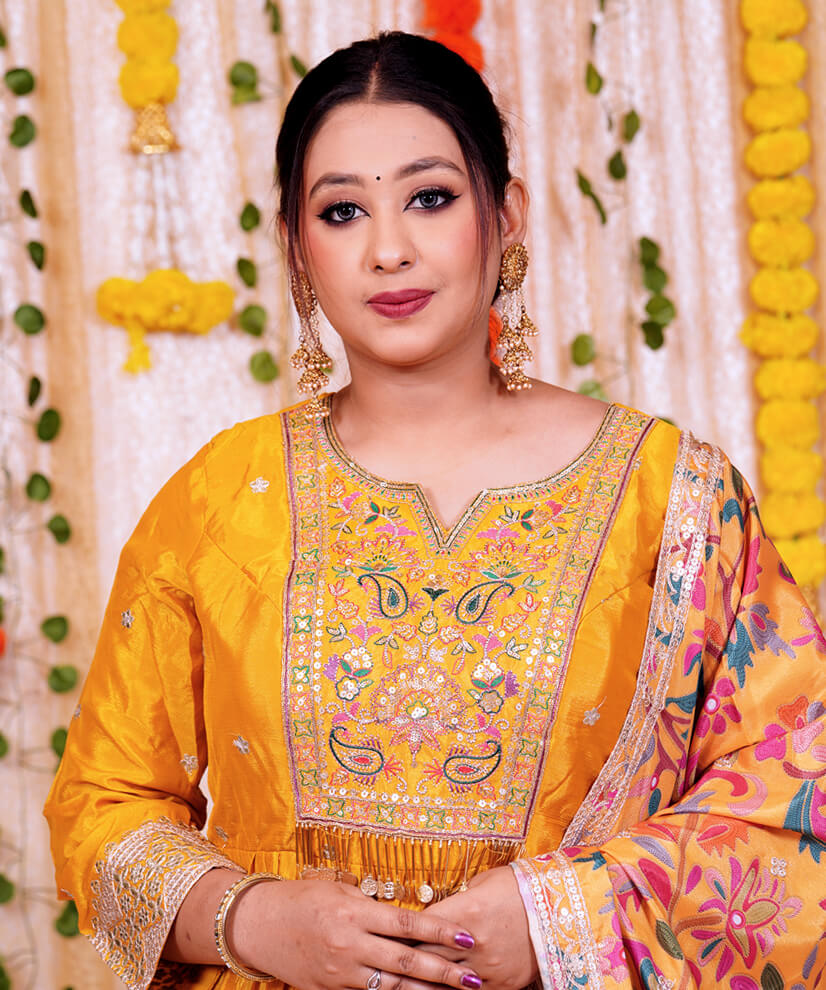 Marigold Yellow Embroidered Anarkali with Vibrant Floral Dupatta - Image 2