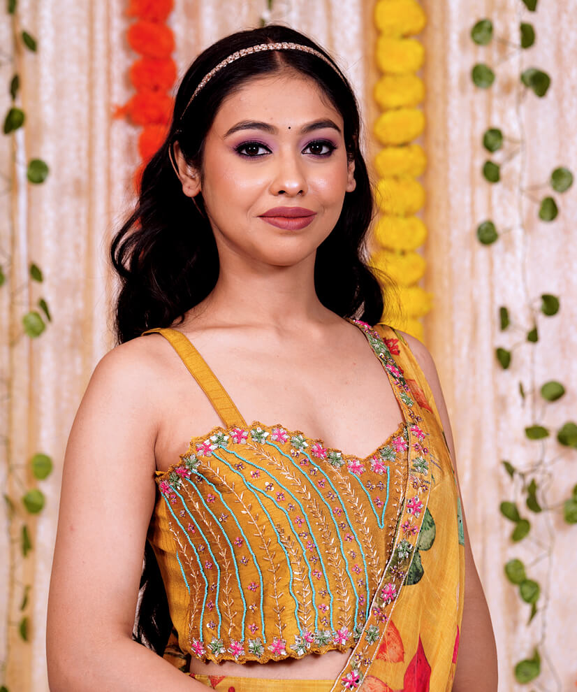Mustard Floral Half Saree with Hand-Embellished Crop Top - Image 2