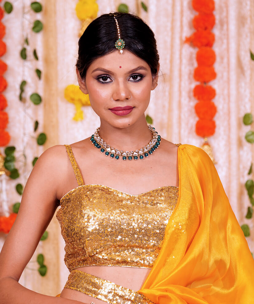 Marigold Yellow Pre-Draped Organza Ruffle Saree with Sequinned Blouse & Belt - Image 4