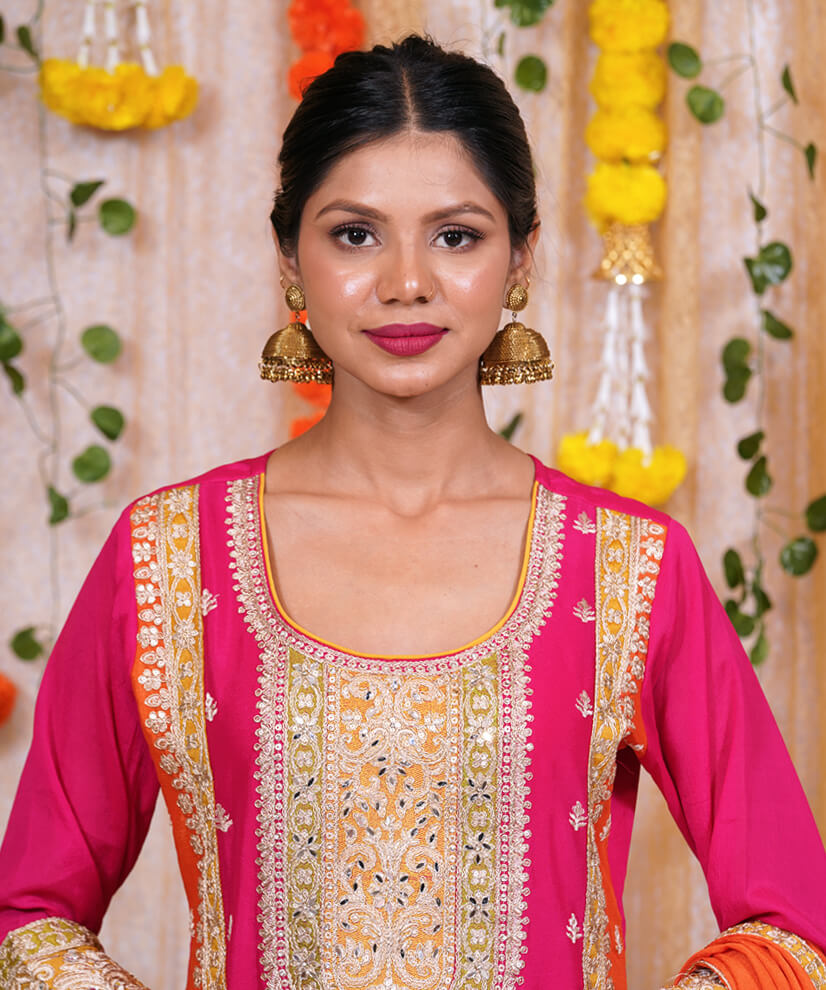 Fuchsia Pink Chinon Embroidered Sharara Set with Orange Dupatta - Image 3