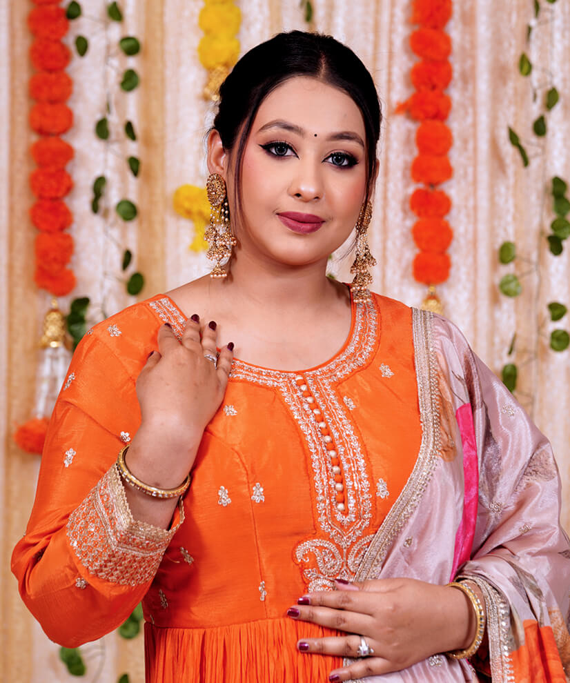Radiant Tangerine Chinon Silk Anarkali Set with Floral Dupatta - Image 4