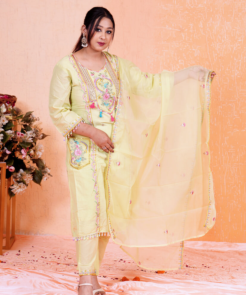 Pastel Lime Green Kurta Set with Mirror Work & Embroidered Pocket - Image 3