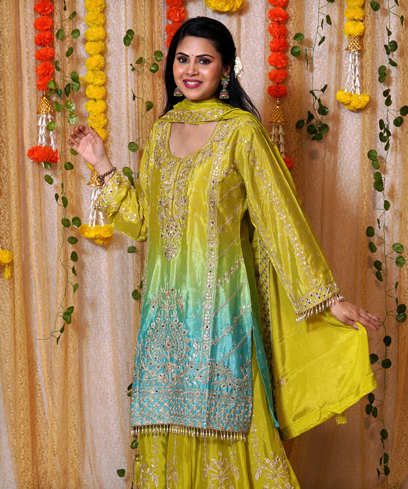 Lime Teal Ombre Chinon Silk Sharara Set with Embroidery - Image 3