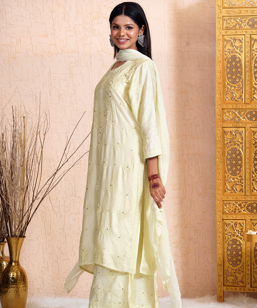 Lime Green Mulmul Chikankari Kurta Set with Mukesh Work – Ethereal Elegance - Image 4