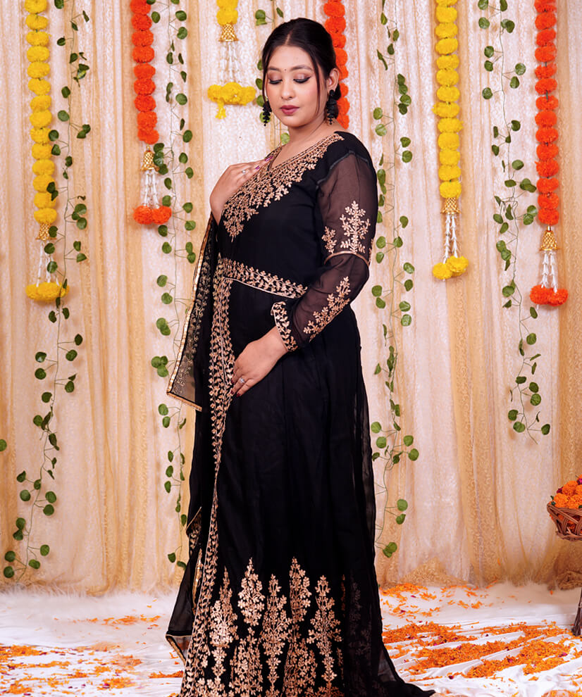 Black Georgette Anarkali Gown with Intricate Golden Embroidery - Image 4