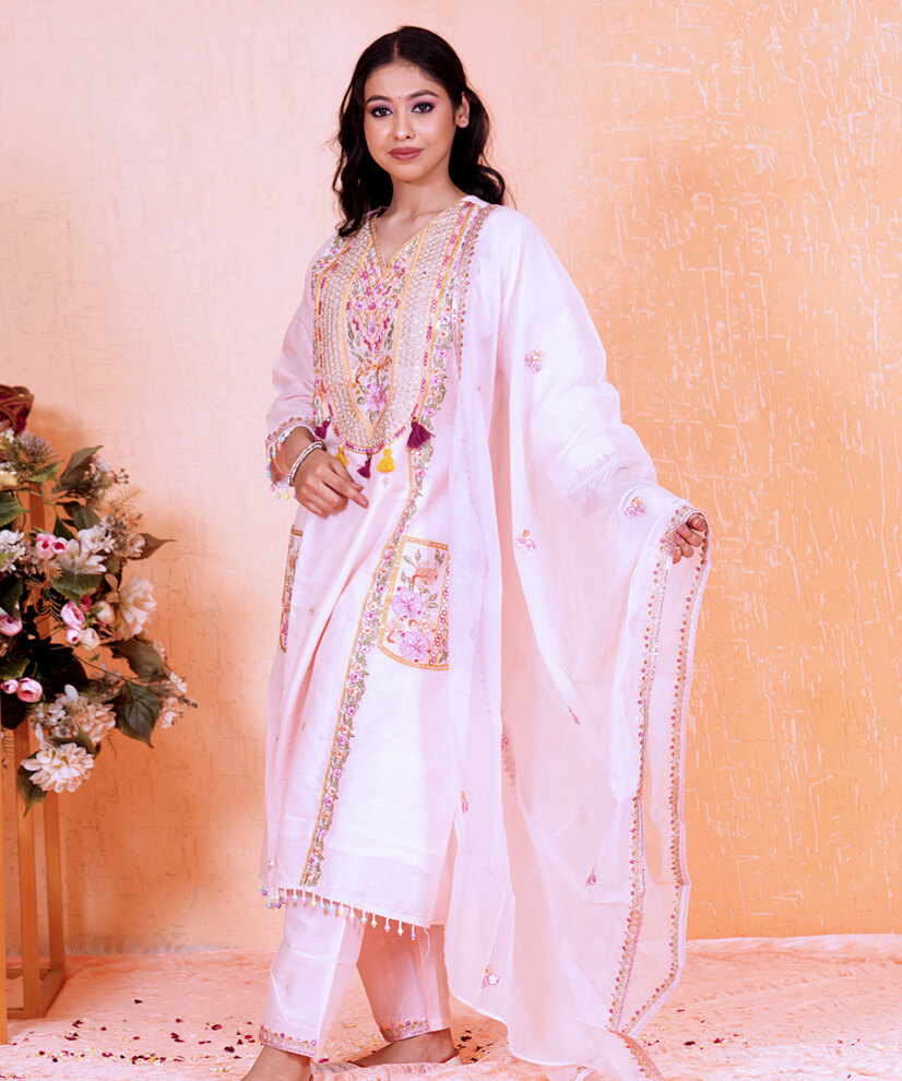 Blush Pink Thread & Mirror Work Cotton Suit Set with Organza Dupatta - Image 3