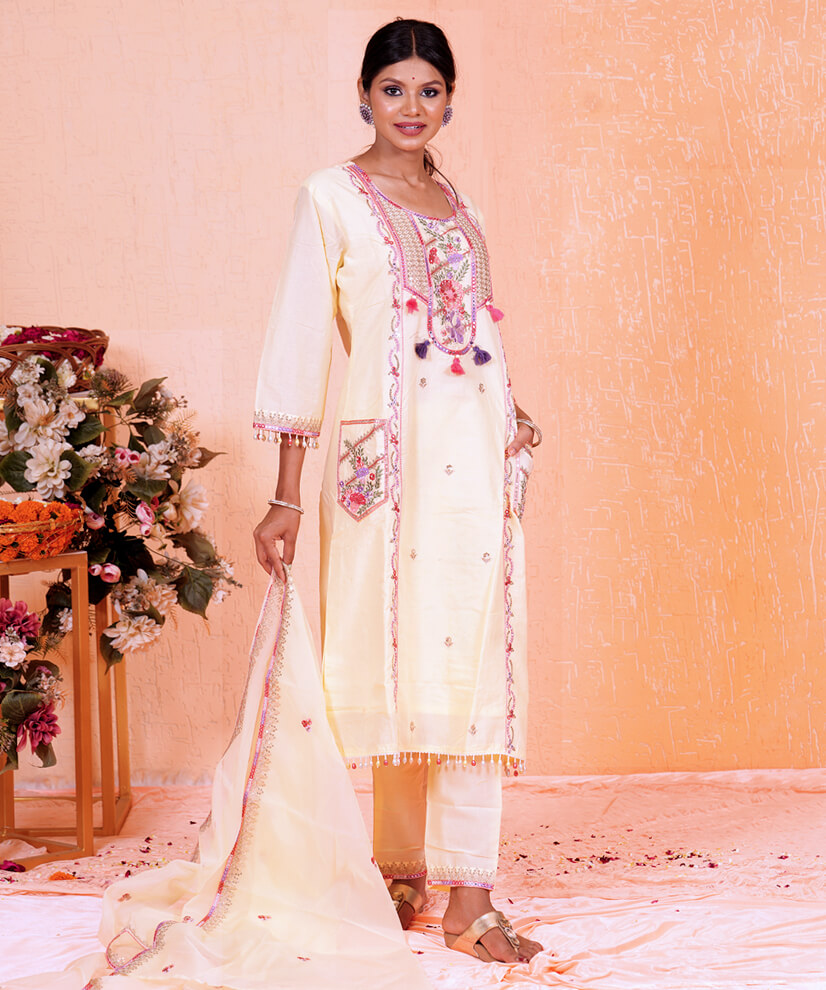 Pastel Yellow Embroidered Kurta Set with Pocket Detailing - Image 4