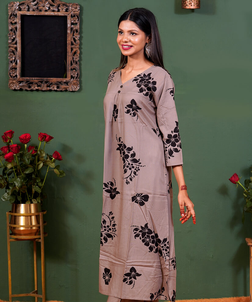 Taupe Noir Floral Printed Co-ord Set in Rayon - Image 3