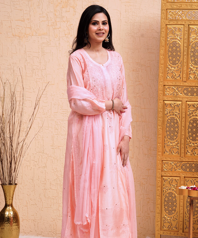 Blush Peach Hand-Embroidered Chikankari Kurta Set with Mukesh Work - Image 3