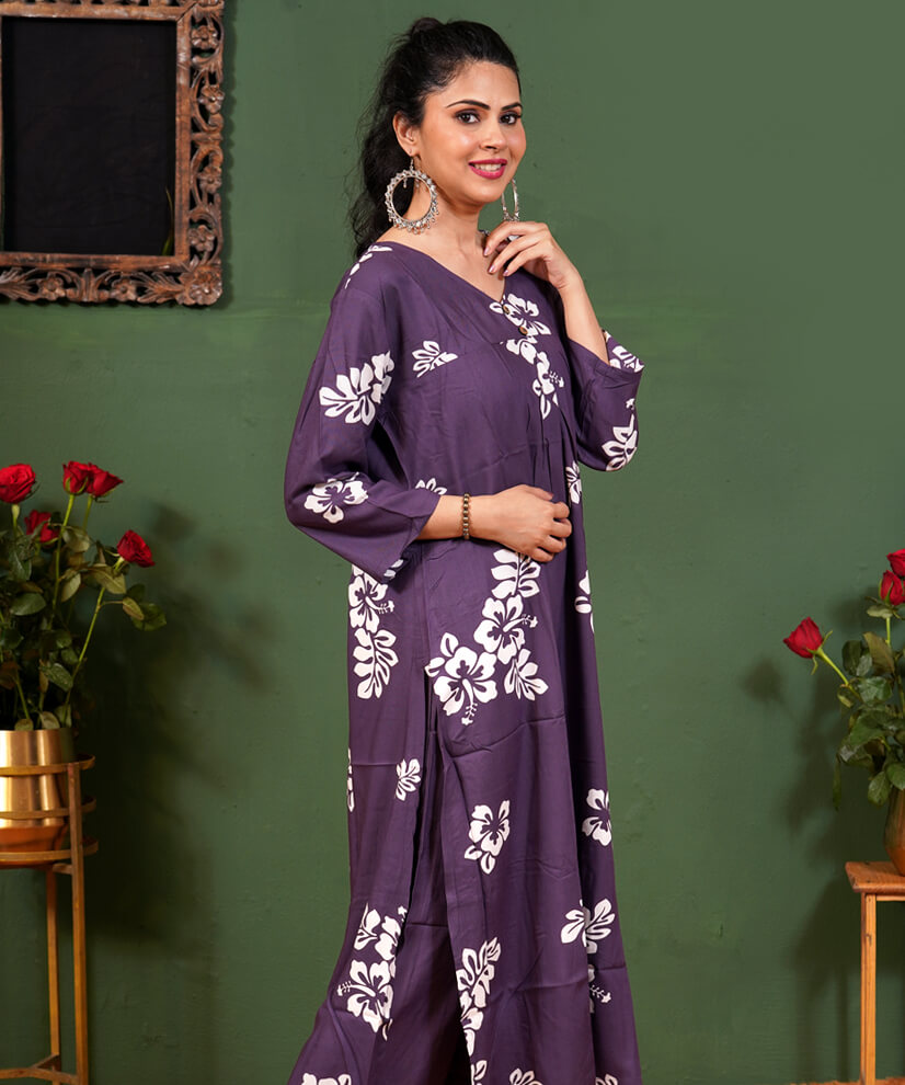 Plum Purple Floral Printed Co-ord Set in Rayon - Image 3