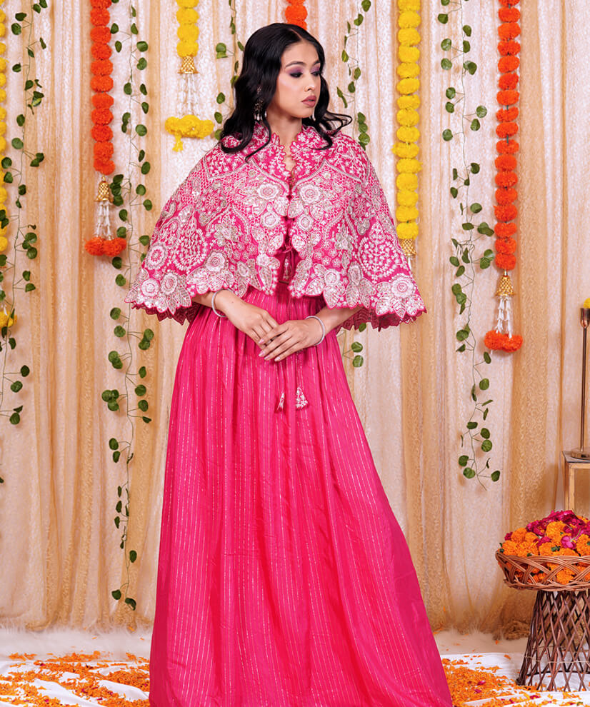 Hot Pink Embroidered Chinon Crop Top & Skirt Set with Cape Jacket - Image 3