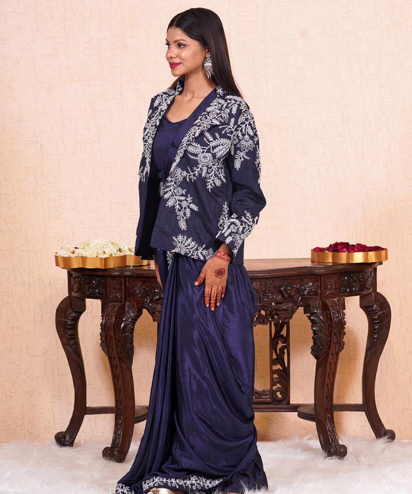 Midnight Elegance Embroidered Pre-Draped Saree Set - Image 2