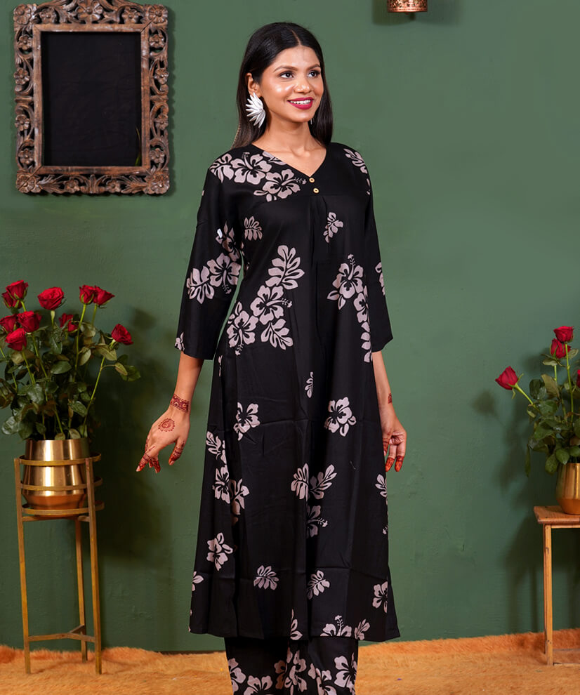 Midnight Noir Floral Printed Co-ord Set in Rayon - Image 3