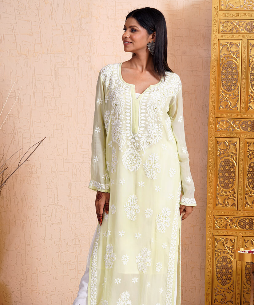 Pastel Pistachio Green Chikankari Kurti with Katdana Embroidery - Image 4