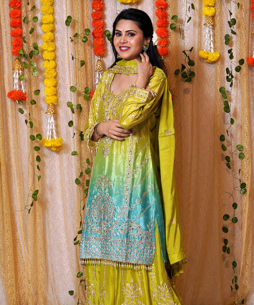 Lime Teal Ombre Chinon Silk Sharara Set with Embroidery - Image 4