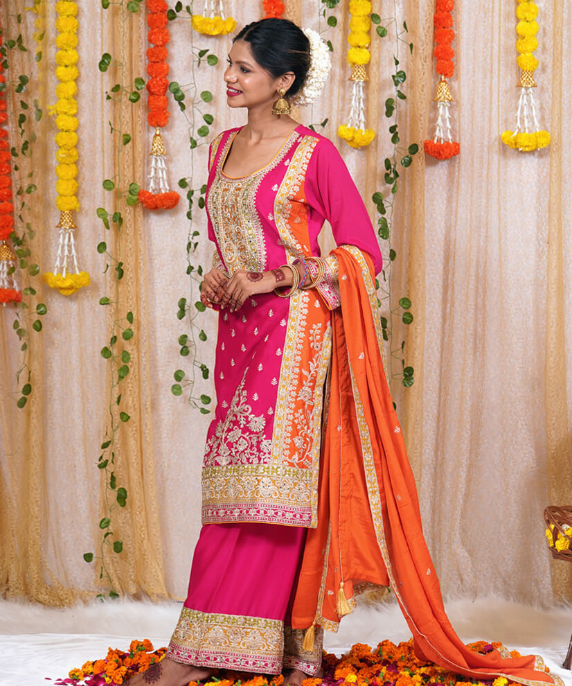 Fuchsia Pink Chinon Embroidered Sharara Set with Orange Dupatta - Image 4