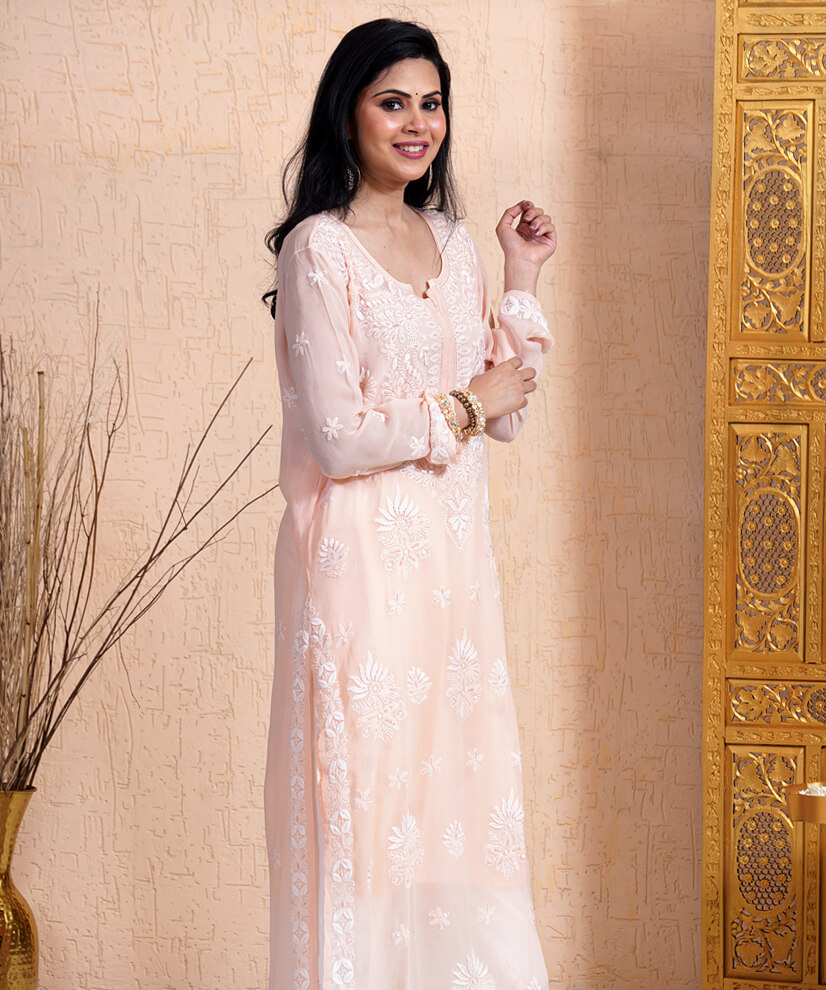 Blush Peach Georgette Chikankari Kurti with Katdana Accents - Image 3