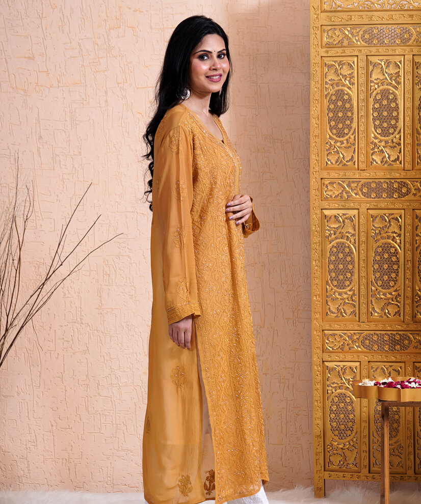Amber Gold Georgette Chikankari Kurti – Radiant & Regal - Image 4