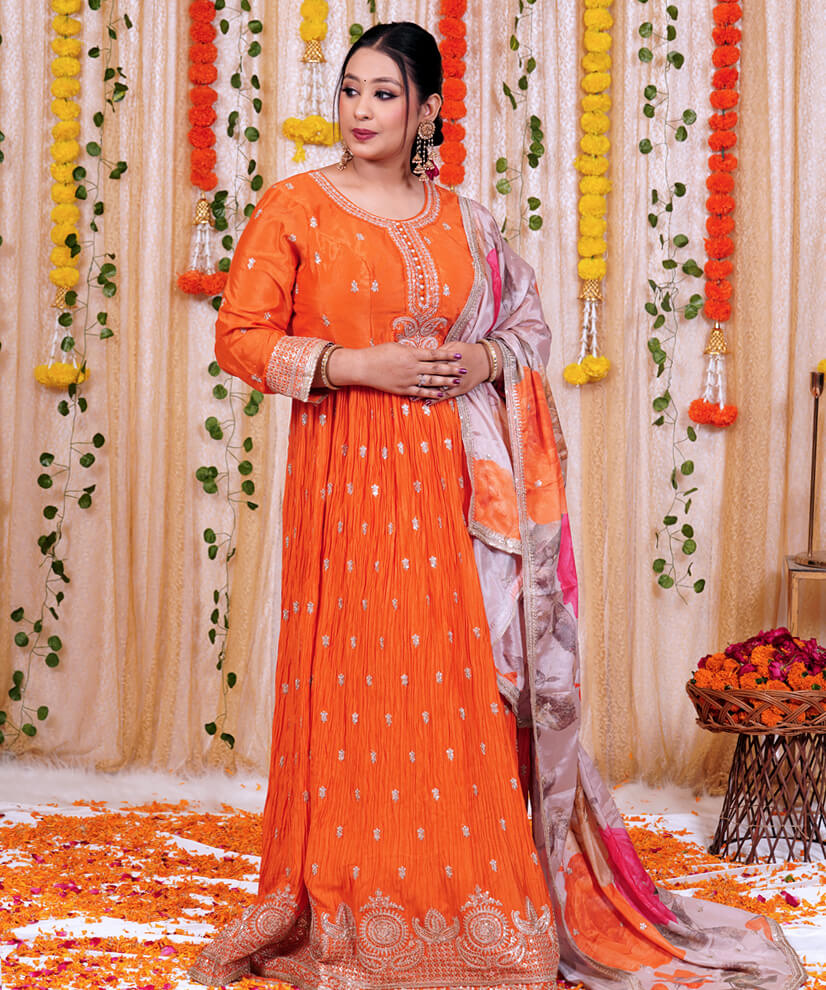 Radiant Tangerine Chinon Silk Anarkali Set with Floral Dupatta - Image 2