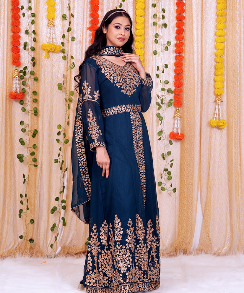 Midnight Blue Georgette Front-Slit Anarkali Set with Golden Embroidery - Image 2