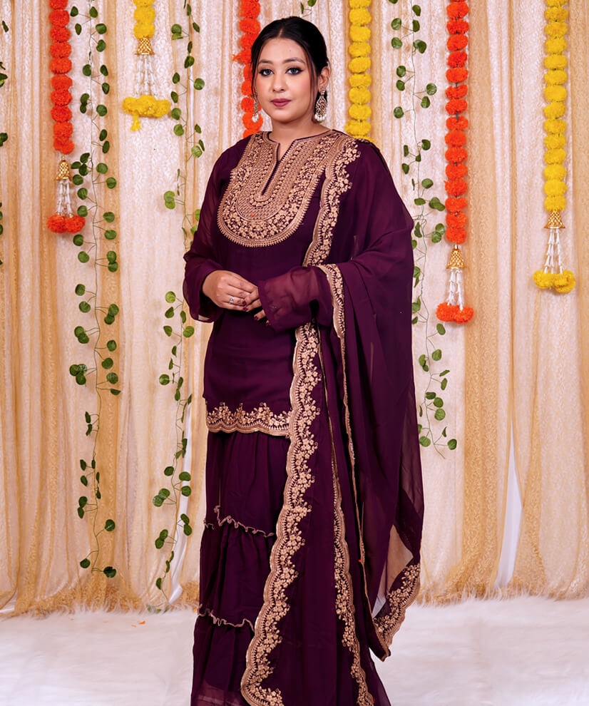 Royal Plum Chinon Sharara Set with Gold Embroidery - Image 4