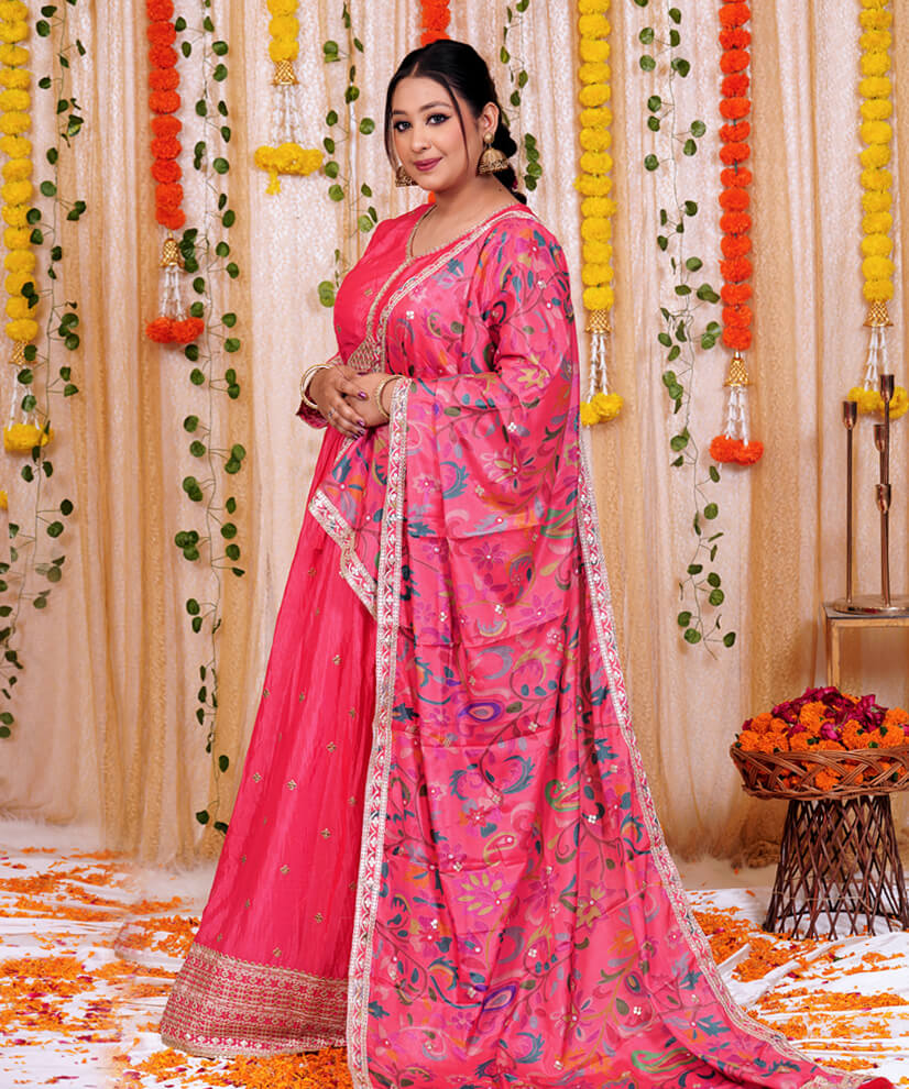 Coral Pink Chinon Silk Anarkali Set with Embroidered Hem & Floral Dupatta - Image 3
