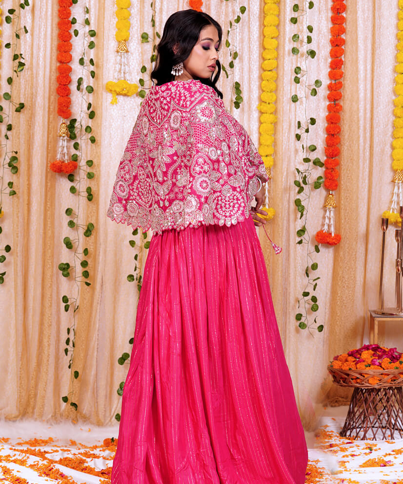 Hot Pink Embroidered Chinon Crop Top & Skirt Set with Cape Jacket - Image 2