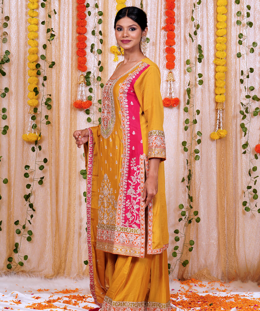 Mustard Yellow Embroidered Sharara Set with Pink Contrast Dupatta - Image 5