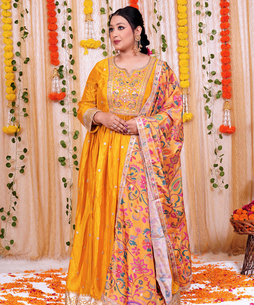 Marigold Yellow Embroidered Anarkali with Vibrant Floral Dupatta - Image 3