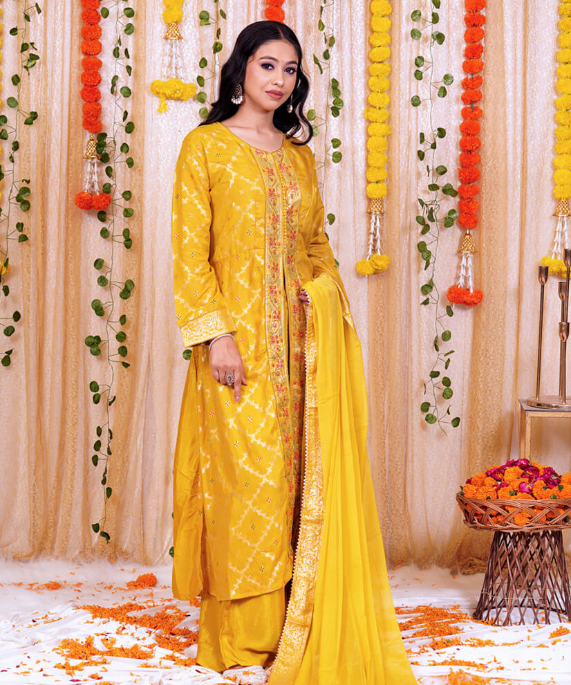 Turmeric Yellow Kurta Sharara Set with Embroidered Dupatta - Image 4
