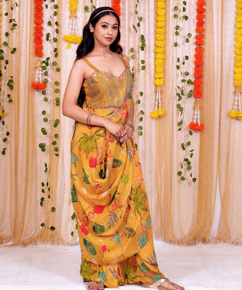 Mustard Floral Half Saree with Hand-Embellished Crop Top - Image 4