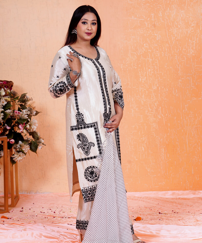 Ivory Black Embroidered Kurta Set with Polka Dot Dupatta - Image 4