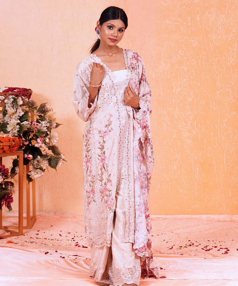 Blush Beige Embroidered Kurta Set with Floral Printed Dupatta - Image 4