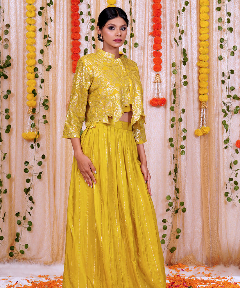 Lime Green Chinon Crop Top & Skirt Set with Embroidered Jacket - Image 3