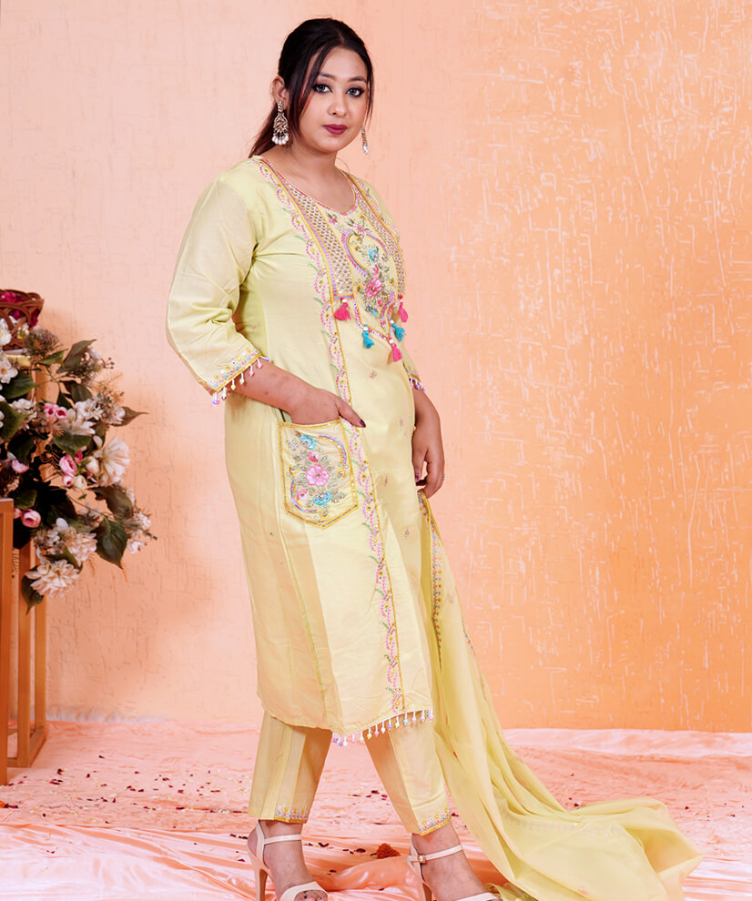 Pastel Lime Green Kurta Set with Mirror Work & Embroidered Pocket - Image 4