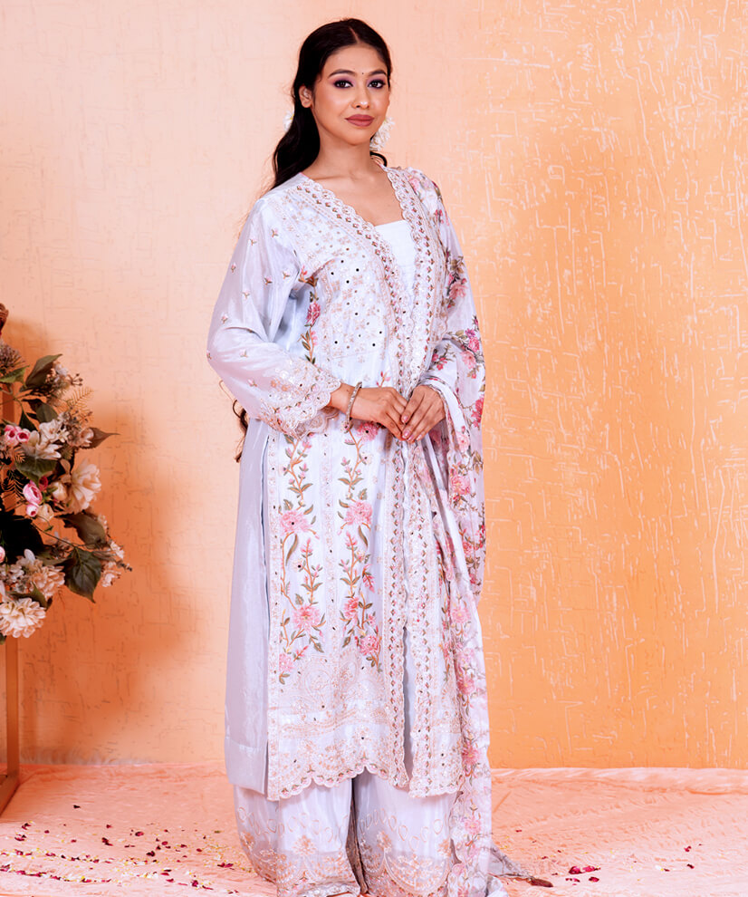 Powder Blue Embroidered Kurta Set with Floral Printed Dupatta - Image 4