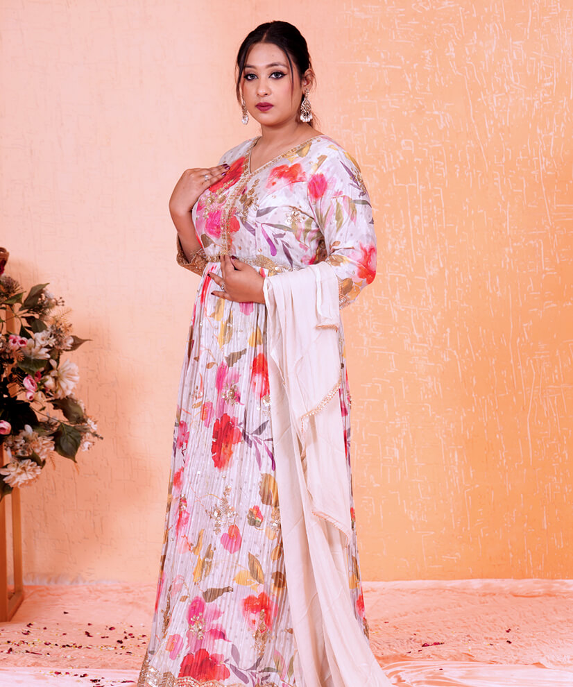 Ivory Bloom Chinon Silk Anarkali with Dupatta - Image 3